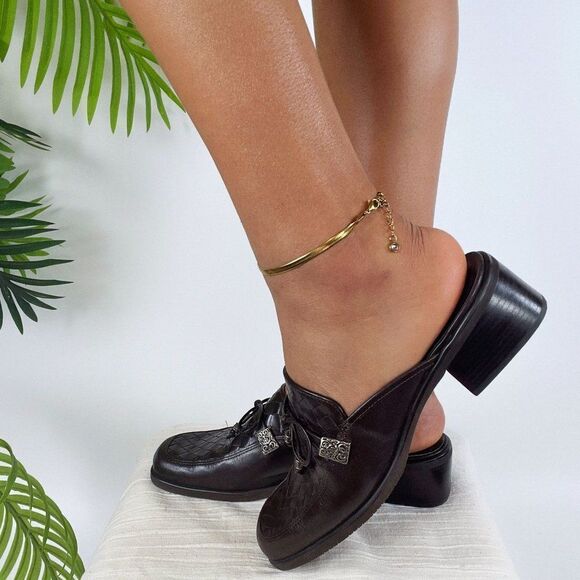 Vintage 90s Brown Dark Academia Slip On Preppy Cottagecore Heeled Mules / 7.5 - Picture 2 of 10
